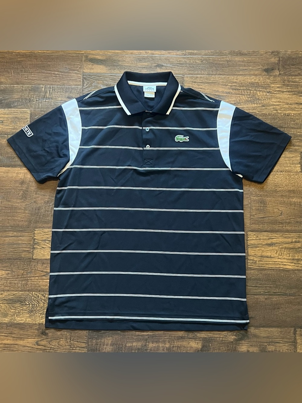 Lacoste Sport Polo Shirt Black White Striped Short Sleeve | Men’s Size 6